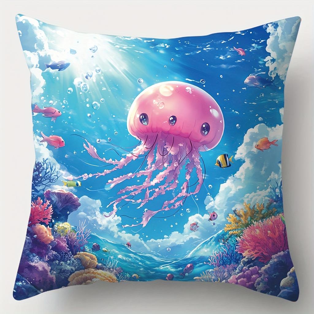 4PCS Cartoon Ocean Pillow Covers: Seahorse, Dolphin, Turtle, Jellyfish & Coral. Lifelike Print for Bedroom, Sofa & Party Decor