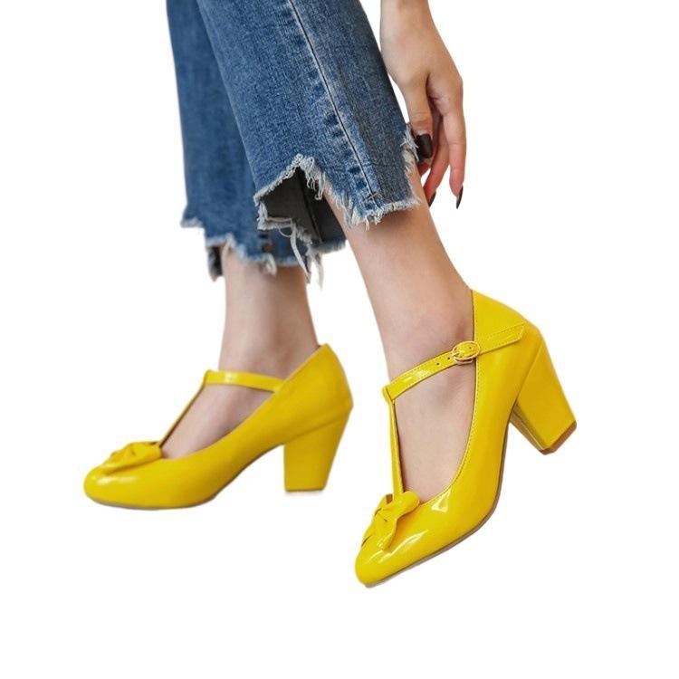 Pink Large Size Shoes Thick Heel Middle Heel Bow T-button Women's Shoe Size