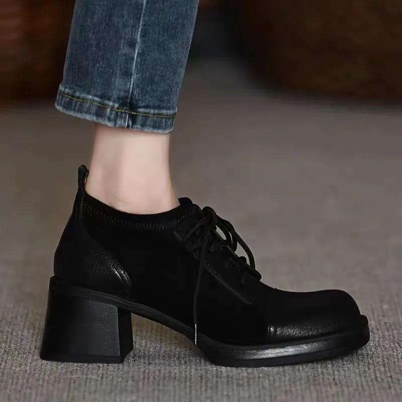 Thick Heeled Lace Up Single Shoes for Women's Spring New Style Square Toe Deep Mouth Single Shoes Thick Soled High Heels