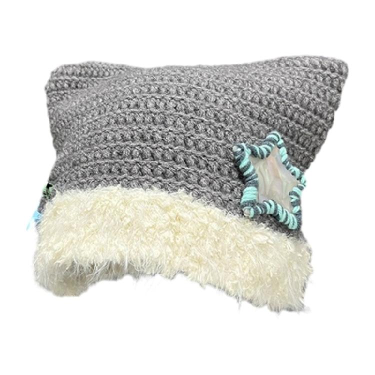 Star Patched Cat Ear Hat Y2K Sweet Girl Čepice Čepice Módní Furry Skull Hat Dámský pulovr Čepice Zimní Neformální pokrývka hlavy