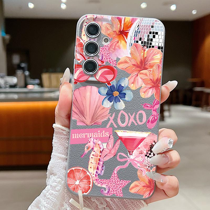 Pink Cartoon Pattern Floral Case For Samsung Galaxy A57 A56 A55 A54 5G A37 A36 A35 A34 A17 A16 A15 A14 Leather Texture Silicone Cover