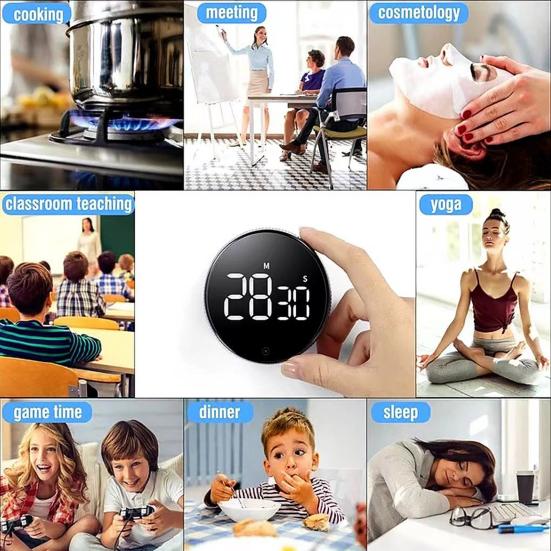 Digital Timer Magnetic Large LED Display Volume Adjustable Students Study Round Kitchen Countdown Cooking Baking Timer