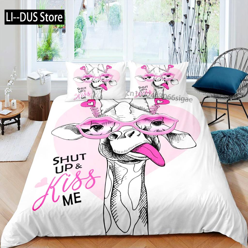 Giraffe Duvet Cover Queen,Tropical Wild Animal Comforter Cover 3pcs, Soft Bedding Set,Romantic Giraffe Bedroom Decor Quilt Cover