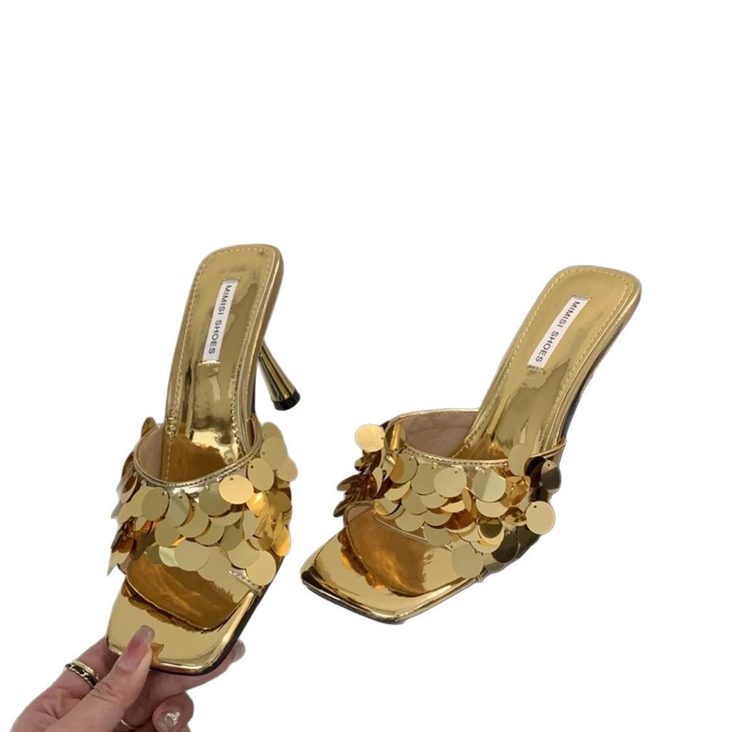 Hongkong vielseitige Pailletten coole Hausschuhe 2025 Sommer neu Temperament Feenstil Ein-Wort-Slipper offene Zehen Stiletto Mules