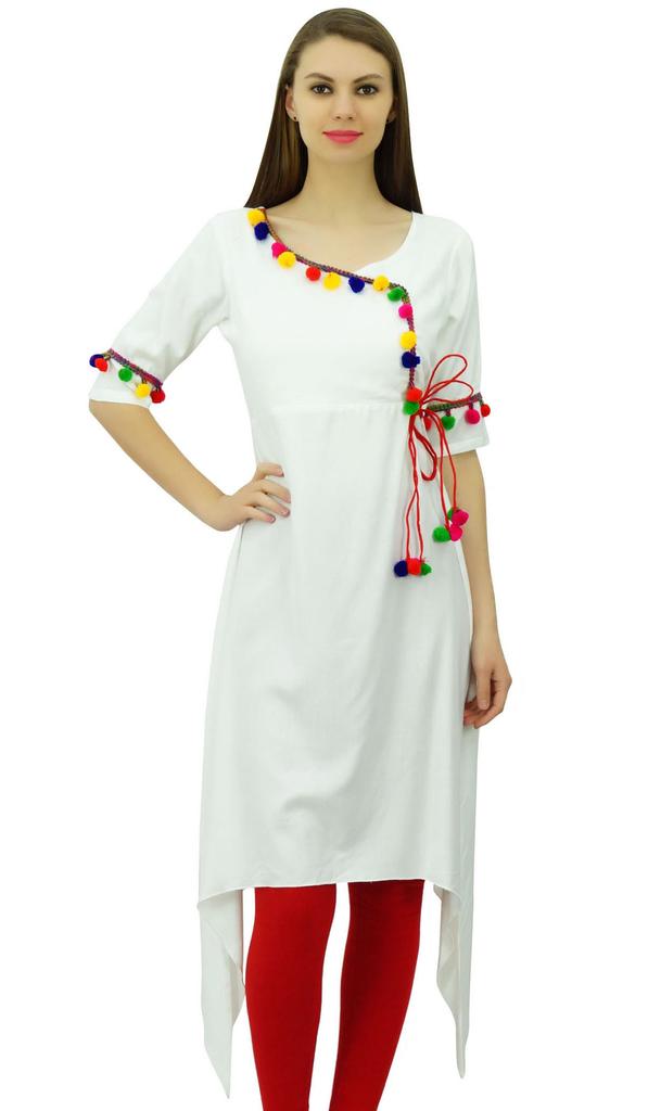 Phagun Angrakha Style Rayon Womens Tunic Kurta Pom-Pom Designer Kurti Top Indian
