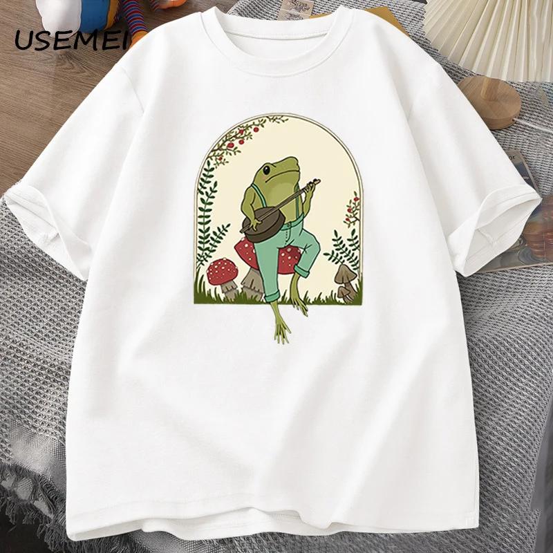 Cute Cottagecore T-shirts Aesthetic Frog Playing Banjo on Mushroom T Shirt Men Summer Cotton Short Sleeve Tee Shirt Mens Clothes