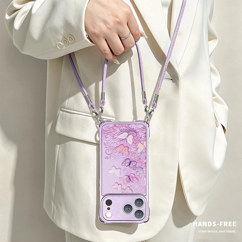Color butterfly for iphone17promax Apple 13 mobile phone case 15 four-corner lanyard 16 silicone 14 crossbody