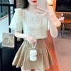 Modisches Kurzarm-Freizeit-Chiffonhemd für Damen Sommer Rüschenkante Patchwork Elegant Bluse Frau Slim Fit Vintage Puffärmel Tops Dame 24227
