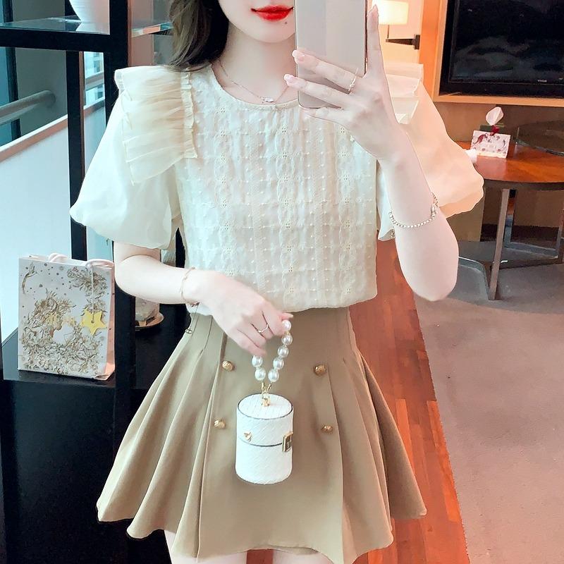 Modisches Kurzarm-Freizeit-Chiffonhemd für Damen Sommer Rüschenkante Patchwork Elegant Bluse Frau Slim Fit Vintage Puffärmel Tops Dame 24227