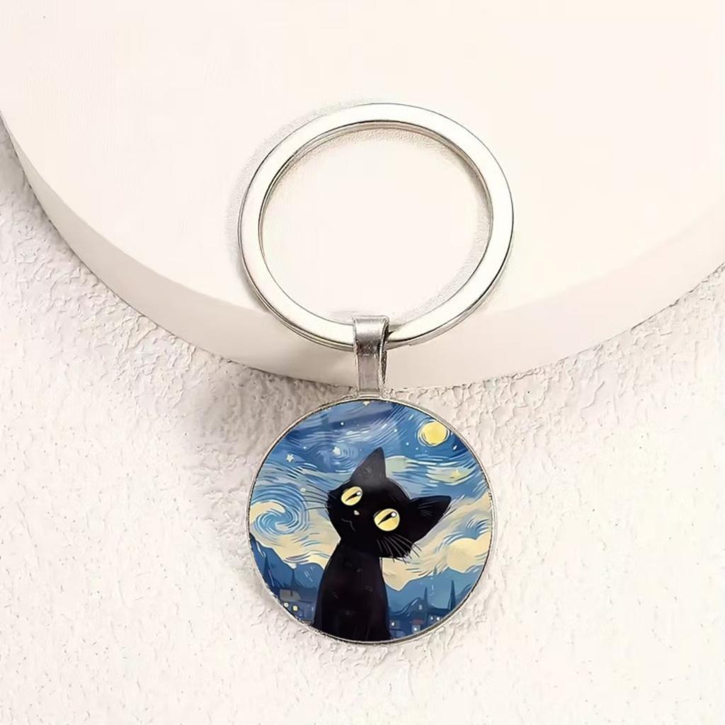 Round Glass Alloy Pendant Keychain with Artistic Cat Design Durable Metal Ring and Clear Glass Cover for Everyday Use and Gift Giving