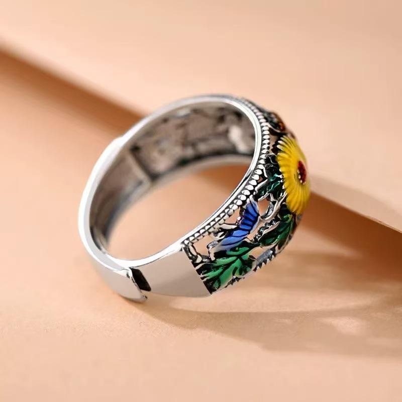 Cloisonne enamel sunflower open ring, retro ethnic style