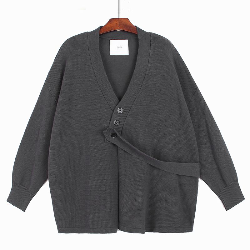 

Pure Color Buckle Knitwear Fashion Plus Size New Autumn Clothing Loose Personality Fashion Ins Super Hot Cardigan Outwear Tide Grey All yards
