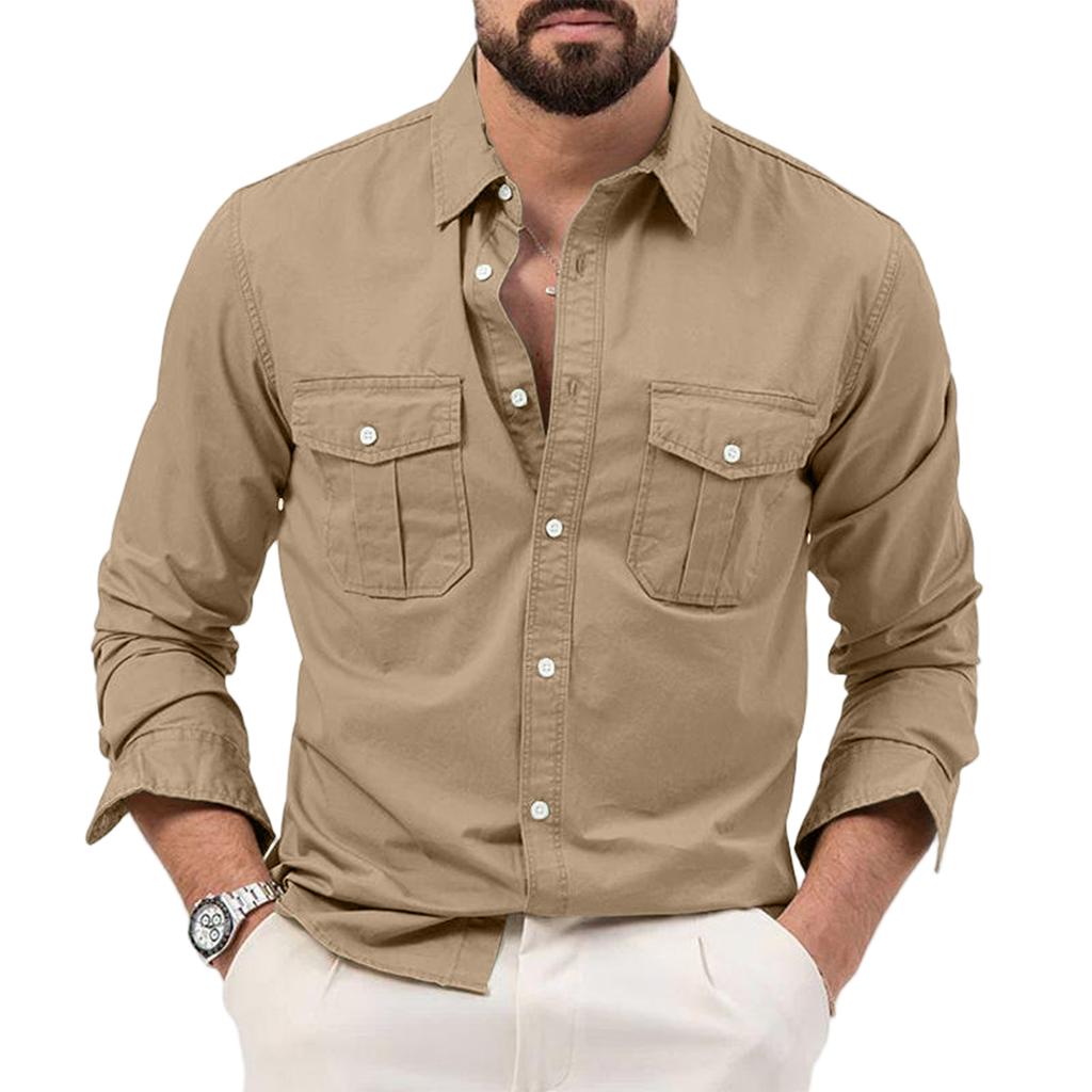 Men's Casual Long Sleeve Shirt with Multiple Pockets for Outdoor Work or Travel