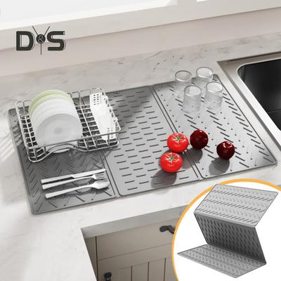 Silicone Dish Drying Mat for Kitchen Counter 3-Fold Large Drain Pad with Hanging Hole Non-Slip Countertop Drying Rack Multifunctional Drainer Board
