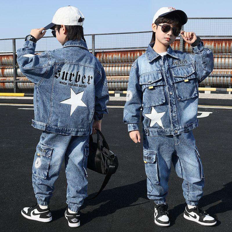 Boys Spring and Autumn Denim Suit Boys and Children Denim Hooded Jacket + Jeans Fashion Two-piece Suit