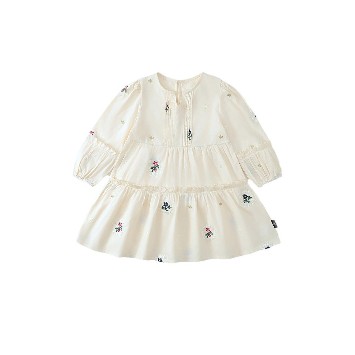 

Платье для девочек с длинным рукавом на осень 2024 года, новое детское хлопковое корейское вышитое легкое роскошное платье принцессы 140cm белый