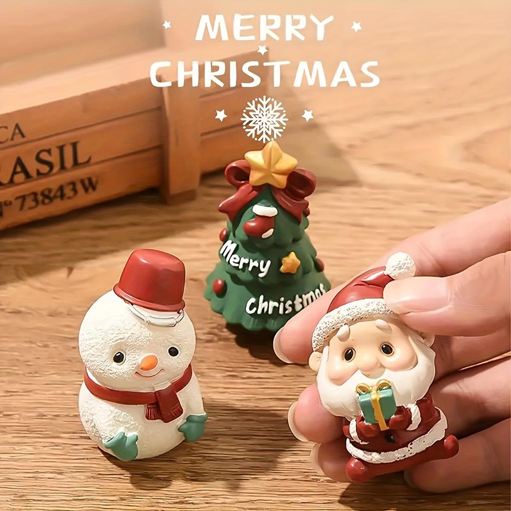 6pcs Resin Christmas Decor Set Mini Xmas Tree, Santa Snowman Figurines for Desk and Shelf Display Perfect Holiday Gift for Home, Office, and Party