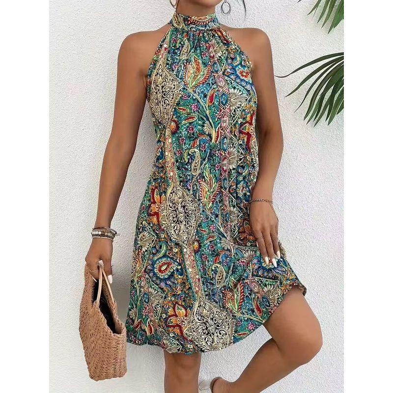 

New Arrival Women s Bohemian Style Pullover Sleeveless Halter Elegant Dress Beach Vacation Style Color S