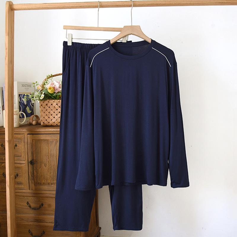 Men’s Casual Modal Pajamas Set: Long Sleeve & Pants with Pockets, Loose Fit, Plus Size, Perfect for Spring and Autumn