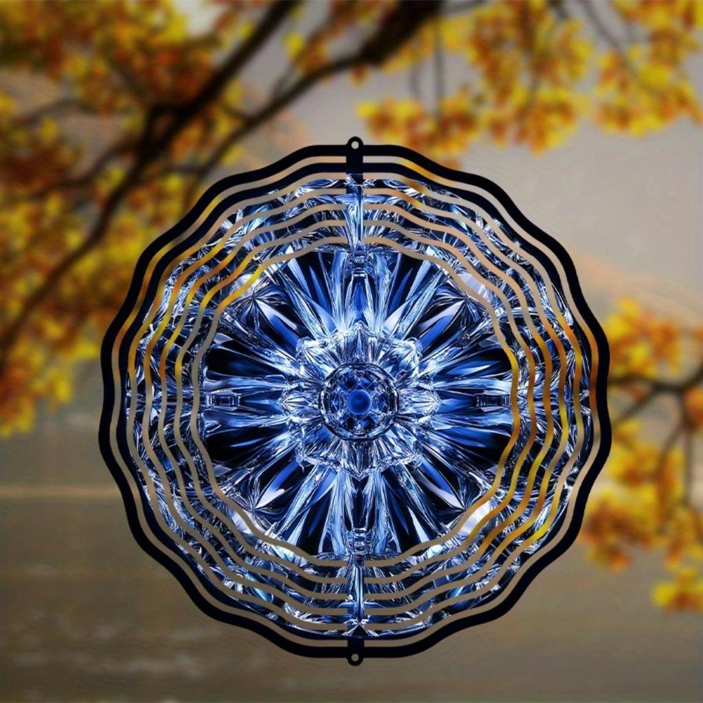 360 Degree Rotating Metal Wind Spinner for Outdoor with Faceted Blue Crystal Design Hanging Decor for Garden Patio Balcony All Season