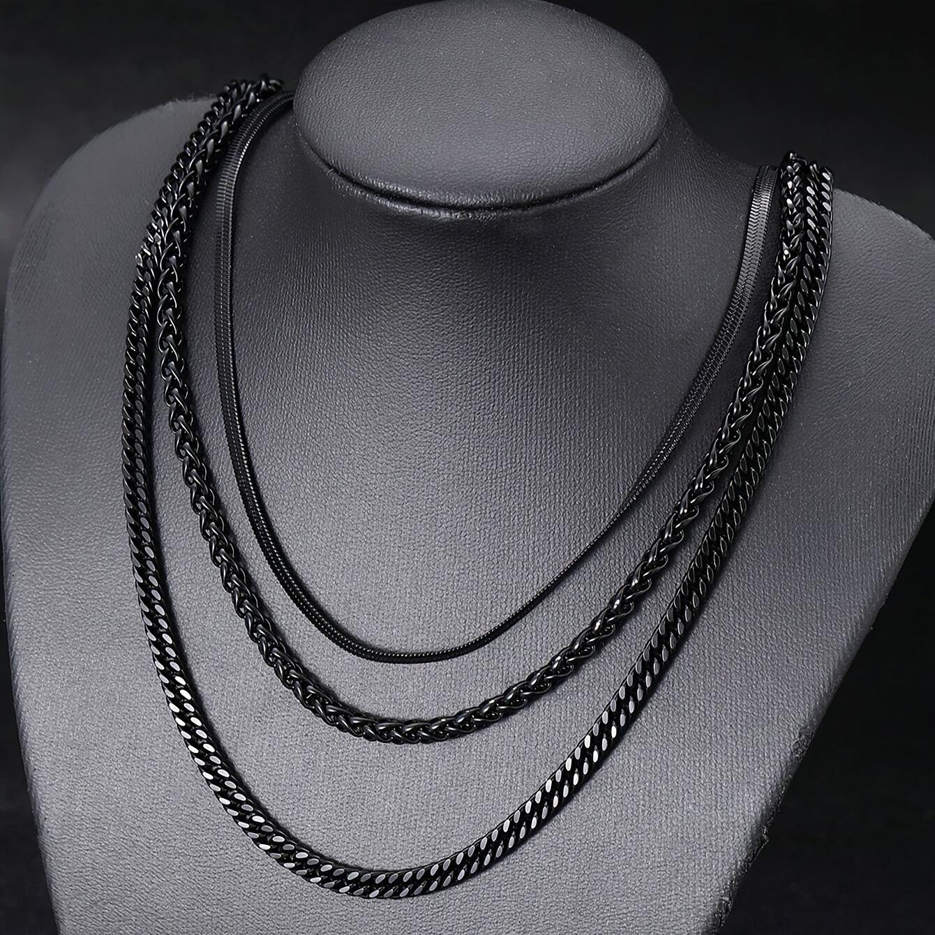 

Stainless Steel Necklace for Men, Multi-layer Titanium Steel Necklace, Layered Hip-hop Personality Cuban Chain Three-piece Set Wholesale чорний