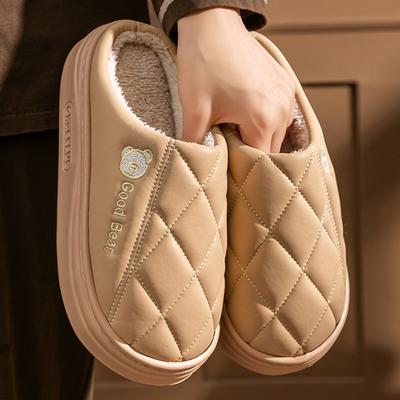 Neue wasserdichte Baumwollpantoffeln aus PU-Leder, Herbst und Winter, Zuhause, dicker Boden, rutschfest, für draußen, Samt, warme Baumwollschuhe