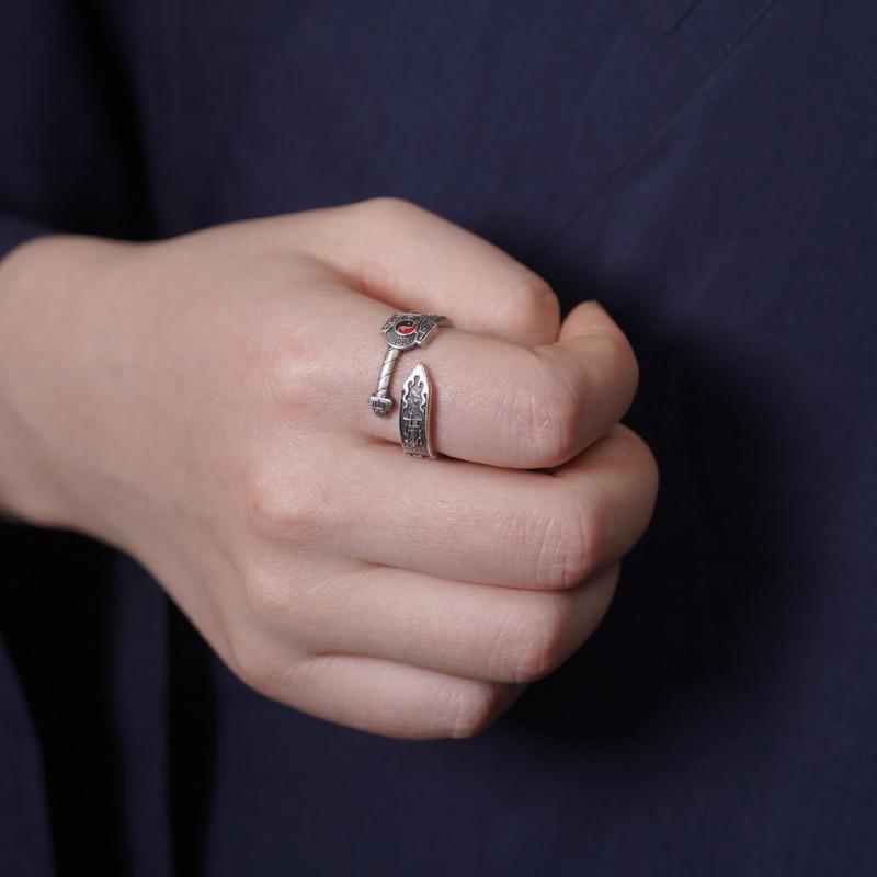 Adjustable Open Ring Men Women Vintage Copper Design Retro Taoist Style Statement Jewelry