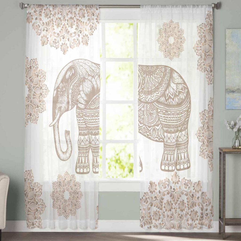 Bohemian Animal Elephant Pattern Sheer Curtains for Kids Bedroom Living Room Voile Window Curtains Tulle Drapes