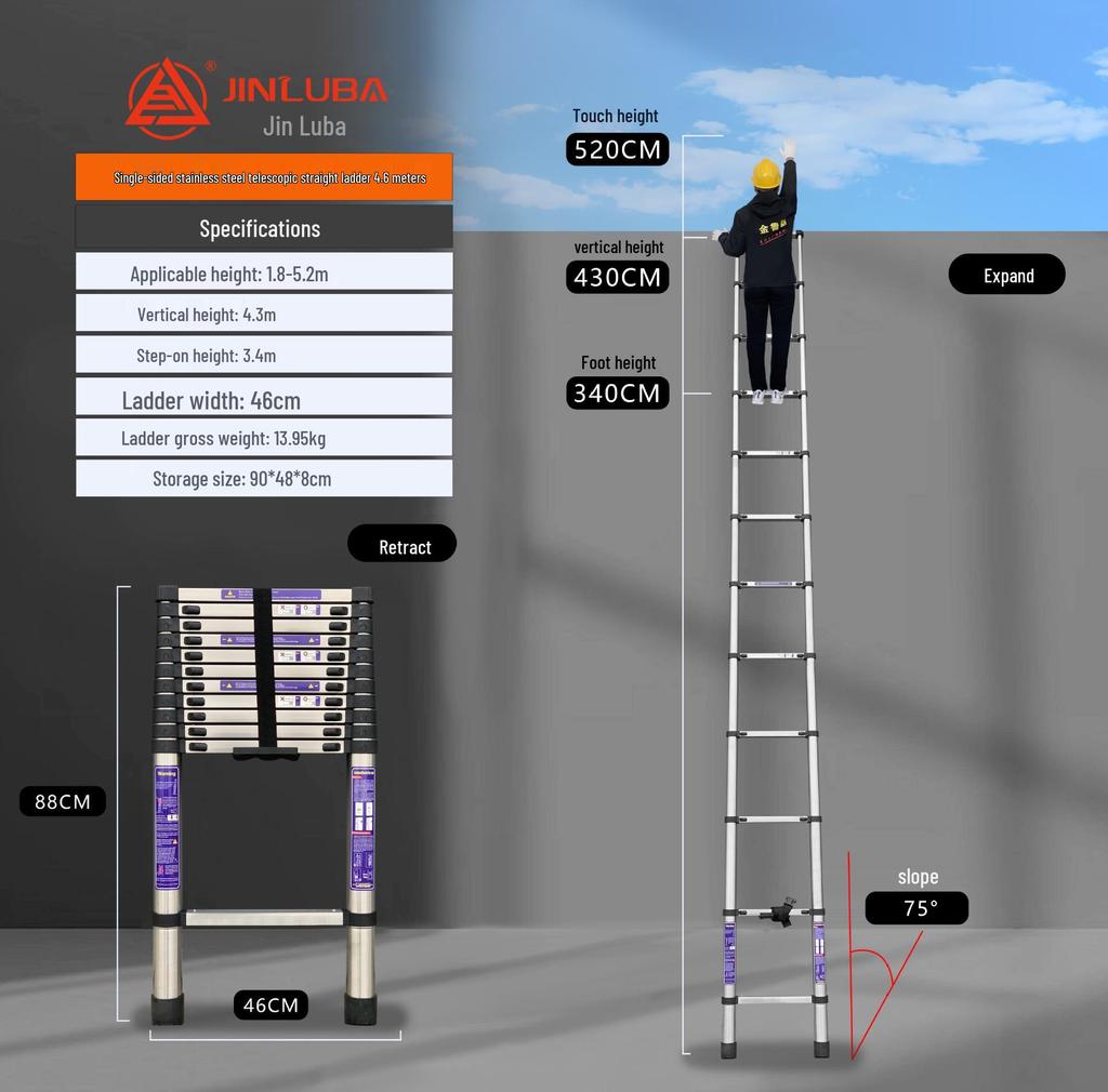 Jinluba Aluminum Telescopic A-Frame Ladder - Thickened, Stainless Steel, Bamboo Joint, for Household & Engineering Use