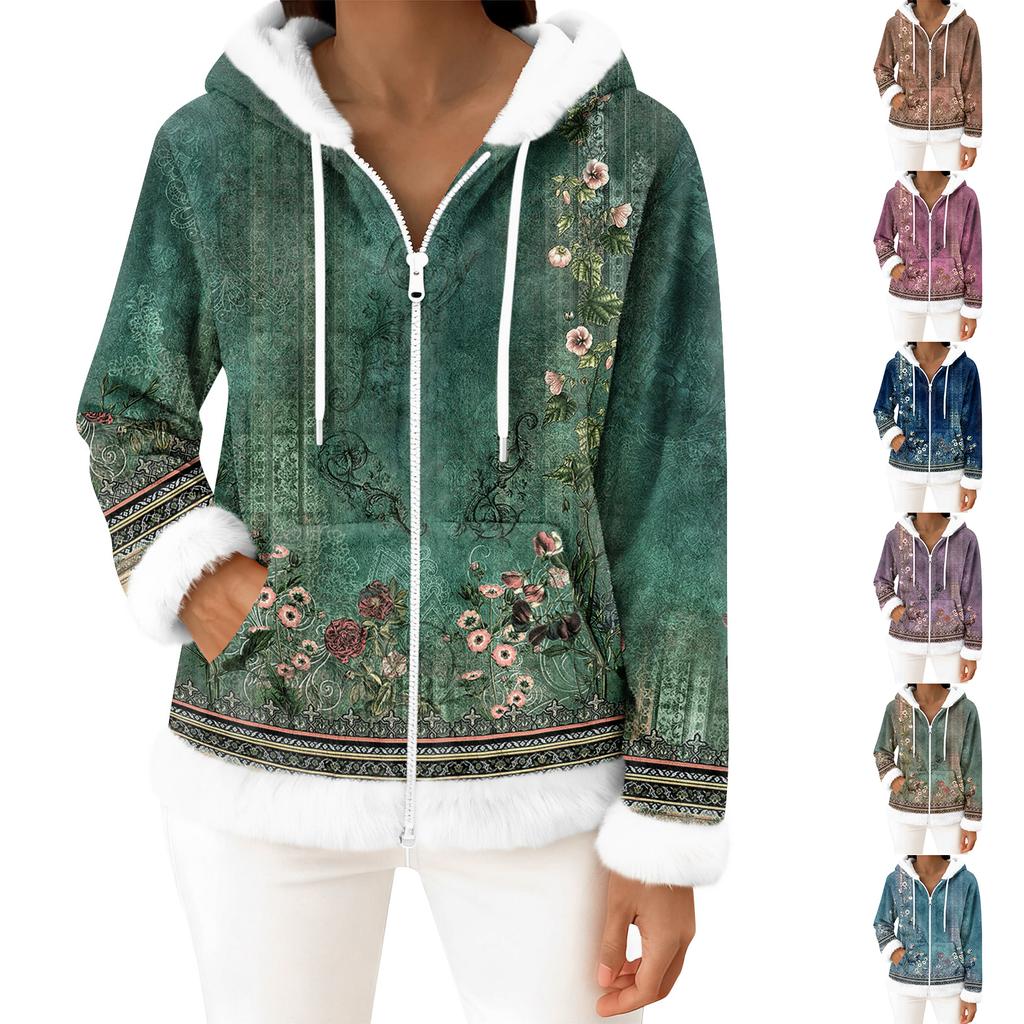 Damers vardagliga mode långärmad fleecekofta med dragkedja och huva