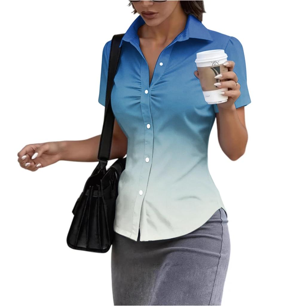 Women's Short Sleeve Button Down Shirt Slim Fit Collared Business Casual Office Blouse Tailored Top for Summer Workwear