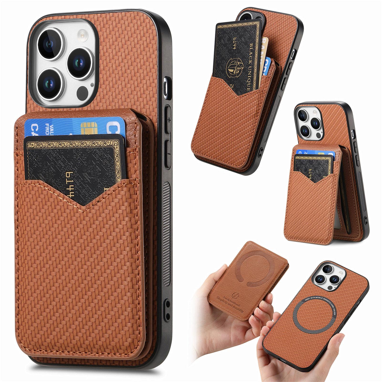 

For iPhone 16 Pro Magnetic Case Carbon Fiber Texture Back Cover with Detachable Card Holder Brown