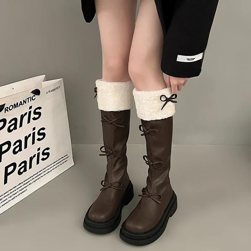 Fashion Women's Shoes Back Zip Women's Boots  Round Toe Modern Boots Women Winter Butterfly-knot Knee-High Boots