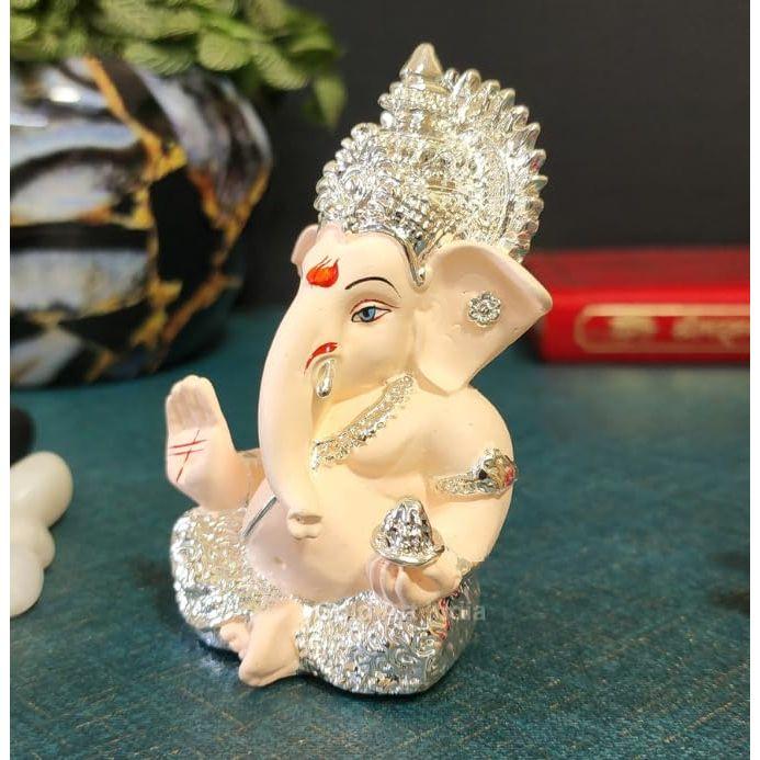 God Ganesha Idol for Home Decor Ganpati for Gift Home Office Table Shelves Gifting 3.5 inches (Silver) (Silver Cherry Blossom), Idol