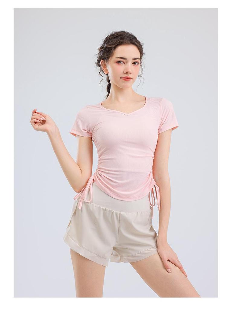 Women's V-Neck Short Sleeve Sports T-Shirt - Solid Color, Breathable, Slimming Fitness Top for Spring/Summer.