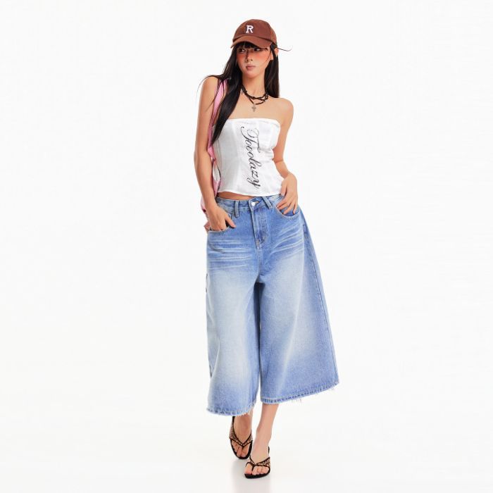 Pantaloni Capri in Denim Larghi Pieghettati Corti Estivi Vintage alla Moda per Donna Versatili Larghi Dritti Snellenti Casual Pantaloni Capri