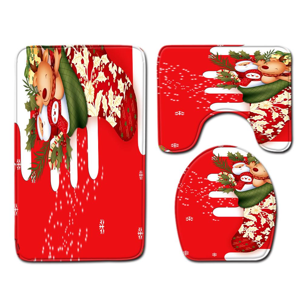 Christmas Shower Curtain Floor Mat Combination Four-Piece Set Bathroom Toilet Carpet Shower Room Mat Foot Mat