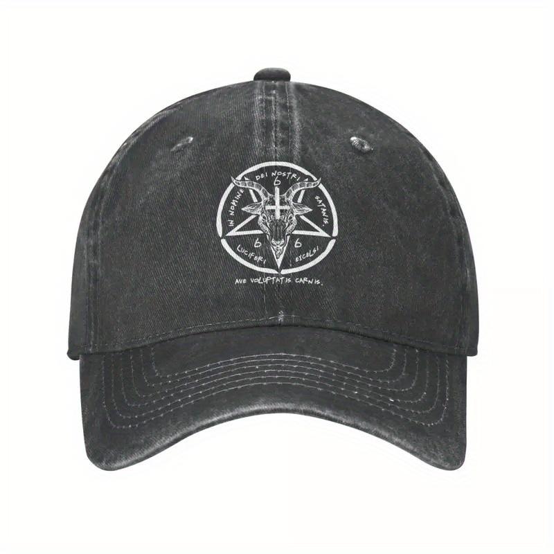Baphomet Sigil Occult Baseball Cap Distressed Denim Adjustable Casual Hat Unisex Streetwear Headwear