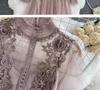Three-Dimensional Floral Mesh Two-Piece Dress with Stand-Up Collar and Lantern Sleeves