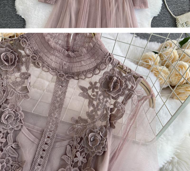 Three-Dimensional Floral Mesh Two-Piece Dress with Stand-Up Collar and Lantern Sleeves