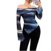 T-shirt Top da Donna a Maglia Rete Stampata Scollo a Barca Sulla Spalla Manica Lunga Vestibilità Slim