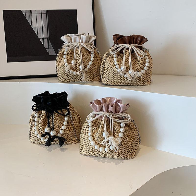 Small Grass Fabric Bag  Advanced Pearl Sensation Bag  Cord Opening  Versatile Fashion  Good View Chain Shoulder Bag