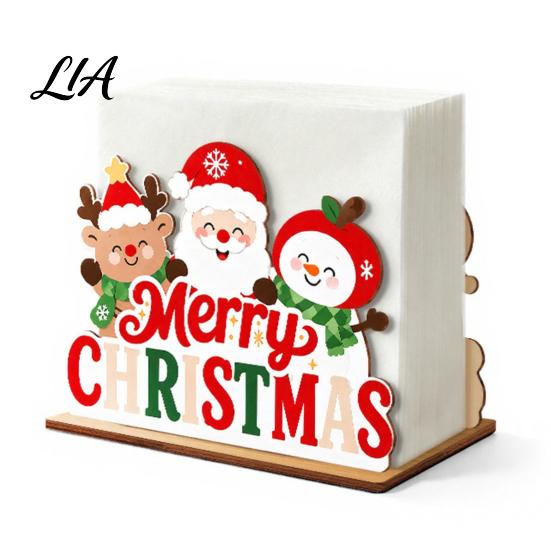 Christmas Home Decor Wooden Tissue Holder, Napkin Dispenser with Santa Gingerbread House Elk Rack Pattern, Decorative Organizer for Dining Table