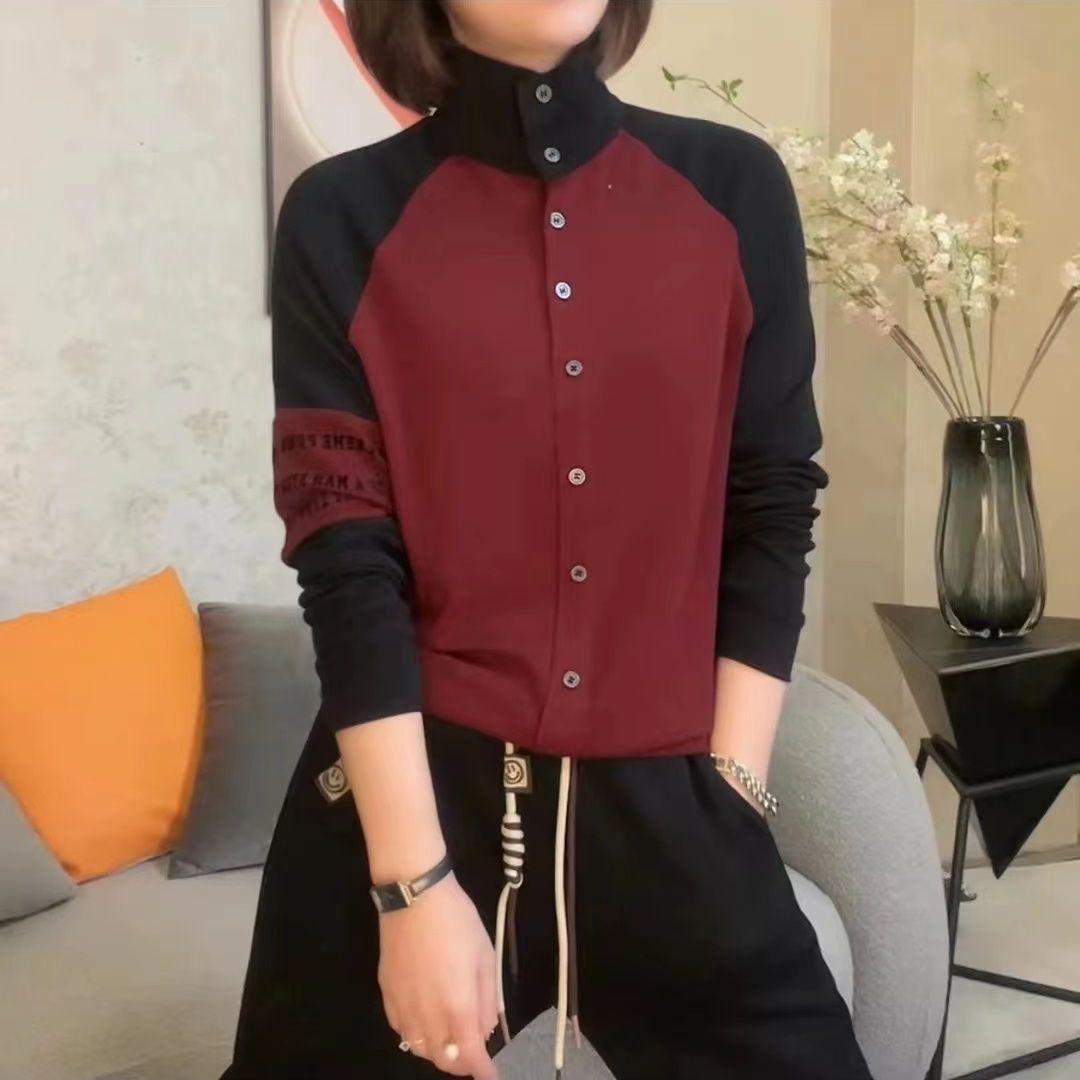 

Осень новый корейский темпераментный контрастный базовый лонгслив женский зарубежный стиль воротник-стойка длинный рукав корейская версия мода 2XL бордовый
