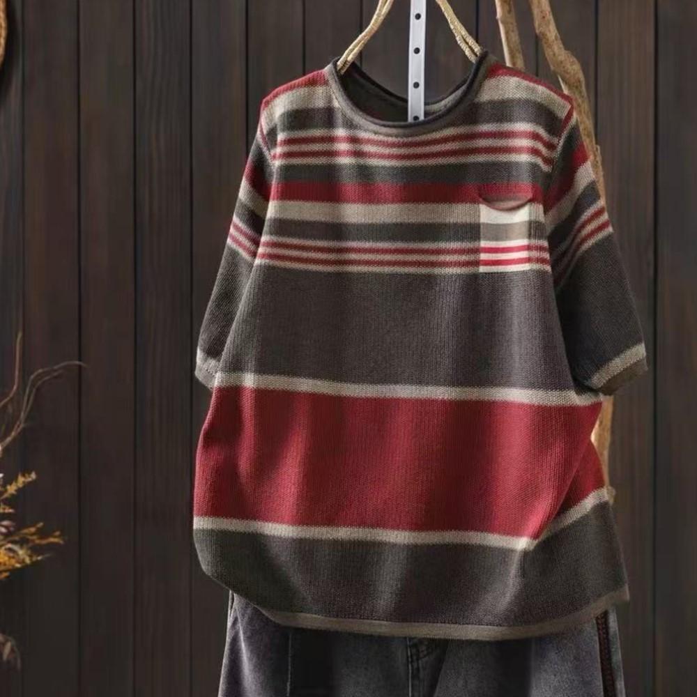 Johnature Women Vintage Striped T-Shirts Summer Chinese Style O-Neck Short Sleeve Knitted Female T-Shirts