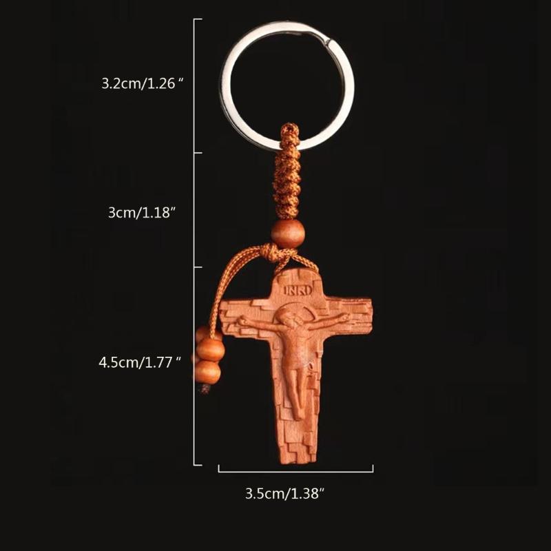 Wooden Jesus Cross Keyring Religious Keychain Charm Car Keyring Bag Pendant