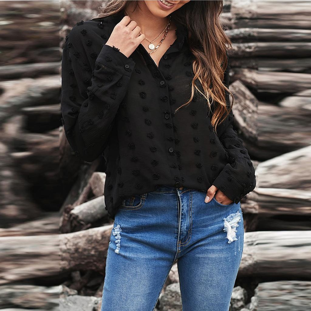 Button Down Shirt For Women Slim Fit Lapel V Neck Long Sleeve Dot Shirts Tunic