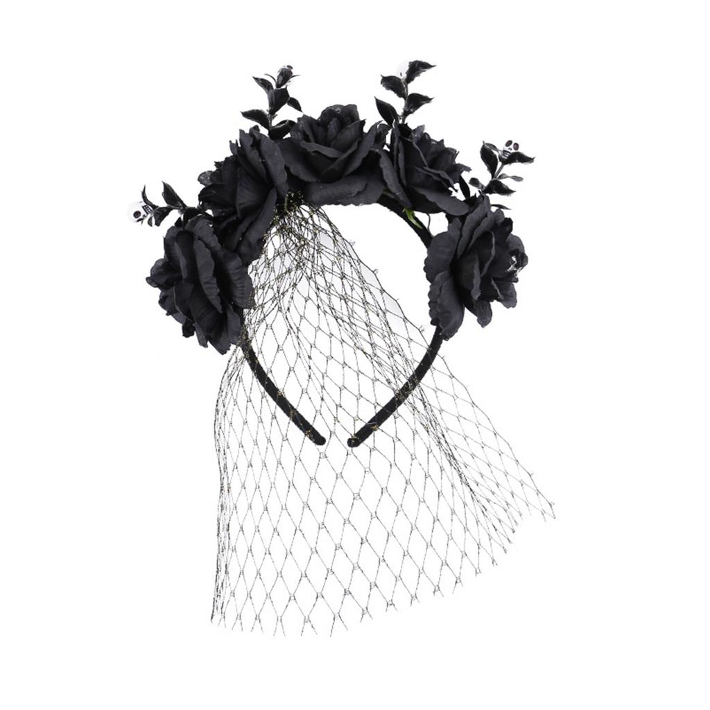 Elegant Rose and Tulle Hair Hoop for Halloween Festivities Adjustable Size Headband Comfortable Hairband Party Ornament