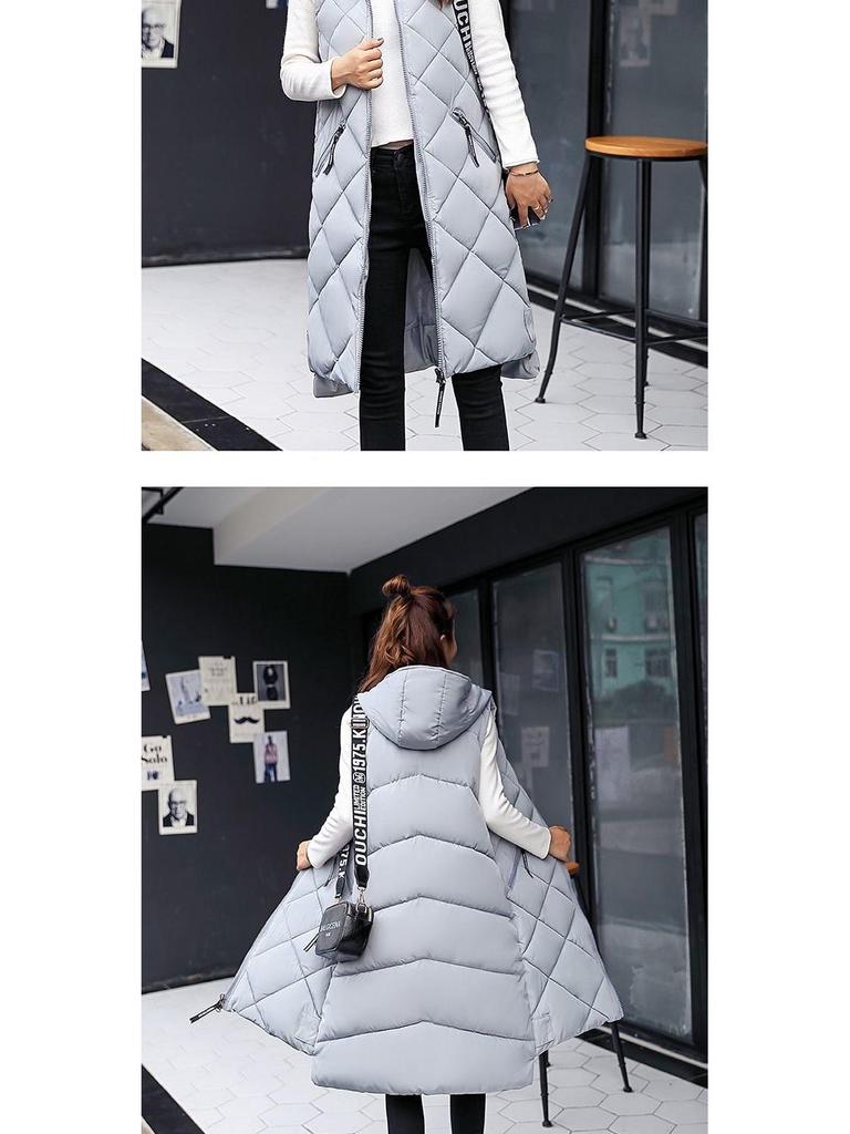 Hooded Women's Sleeveless Down Cotton Waistcoat - Mid-Length and Warm