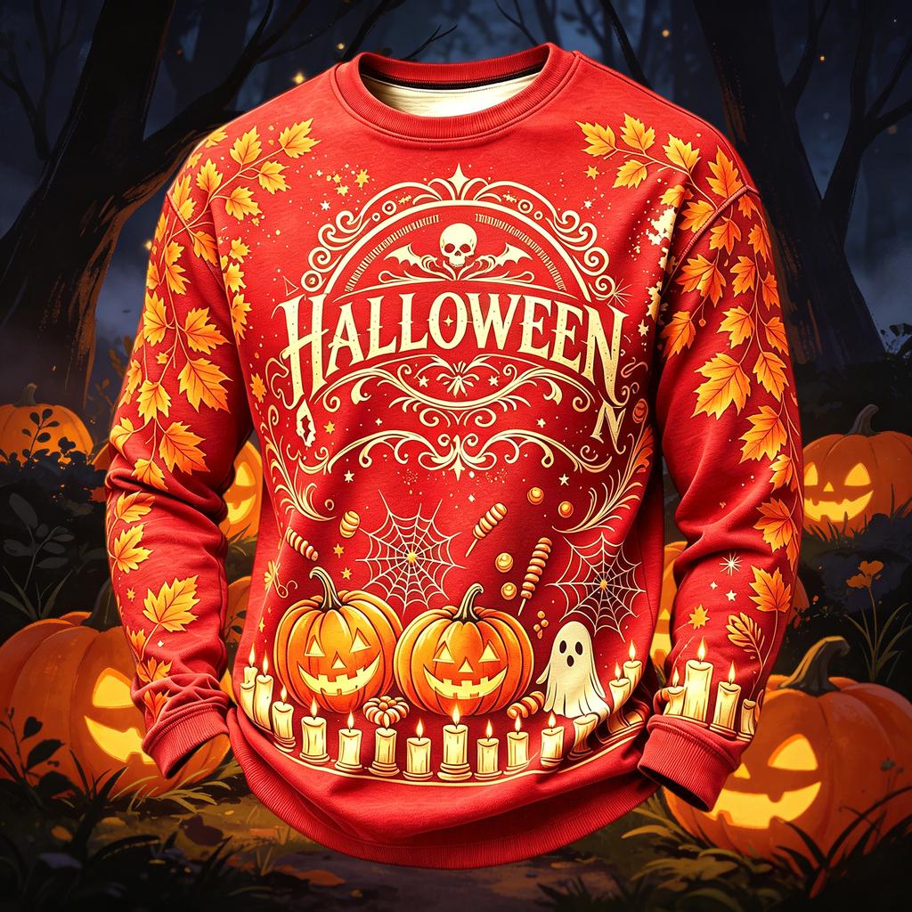 Men's Casual Round Neck Long Sleeve Top with Halloween Print
